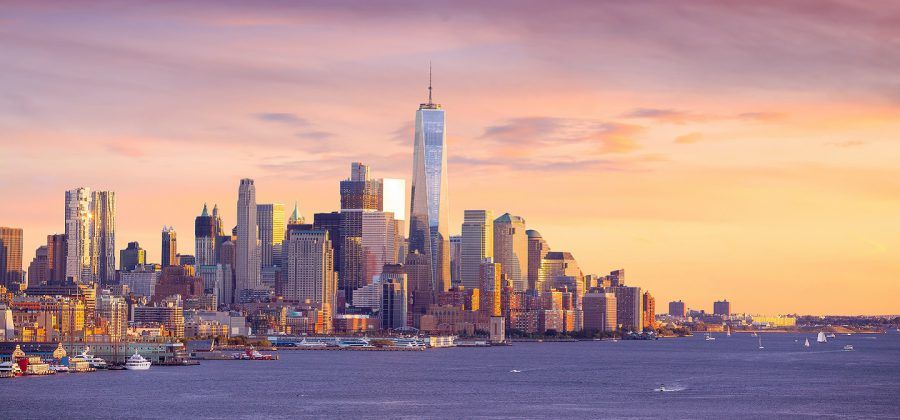 New York City sky line at sunset.