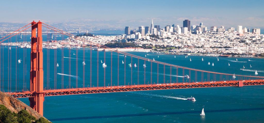 Golden Gate Bridge with the San Francisco skyline in the background.