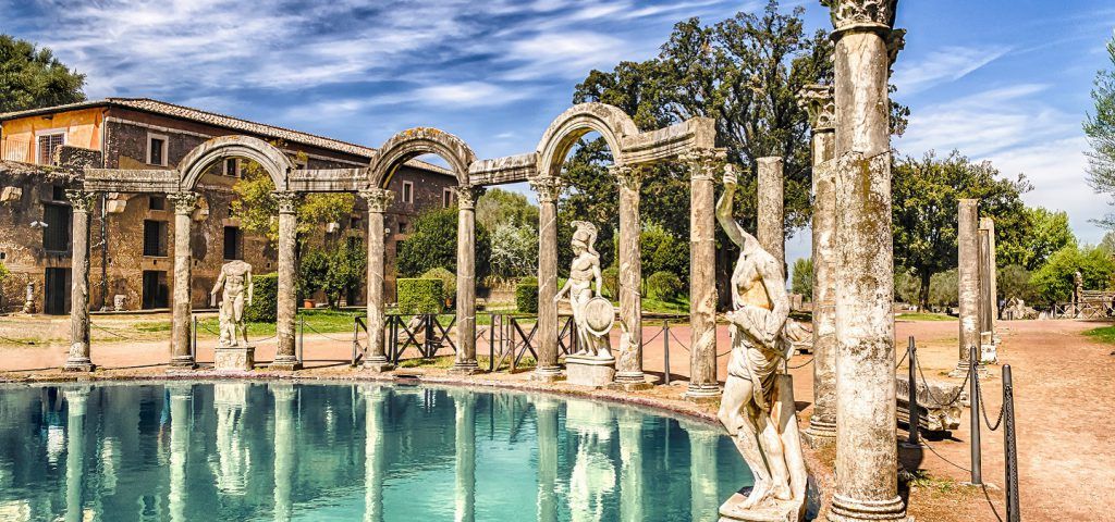 Marble statues lining the Canopus ancient pool.
