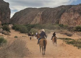 People riding horses through the desert.