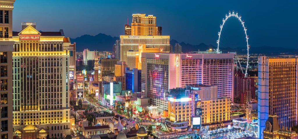 Aerial view of the Las Vegas strip at night.