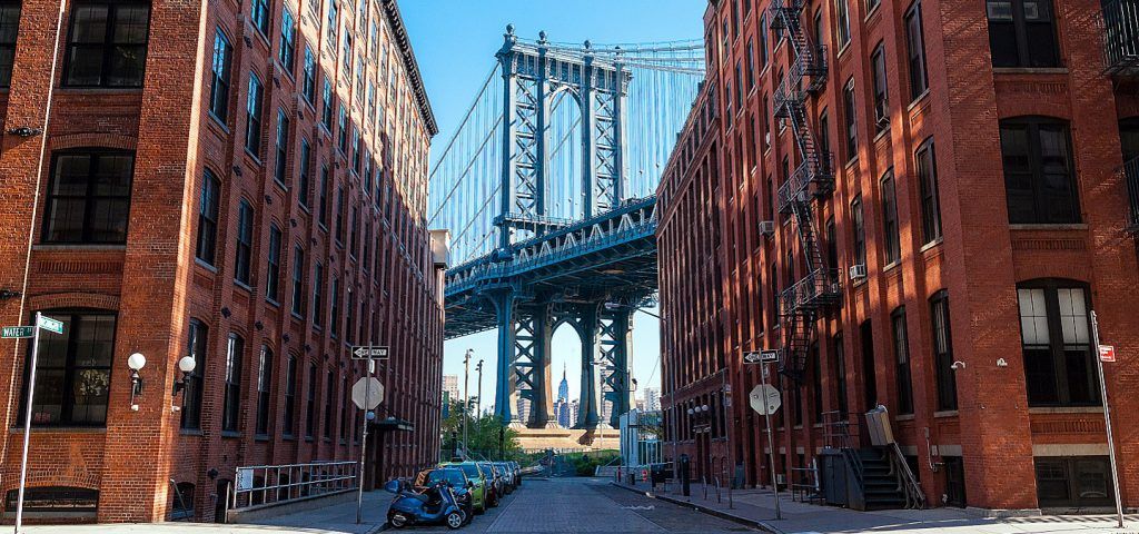 Streets of Brooklyn with the Brooklyn bridge in the background