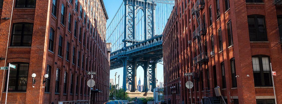 Streets of Brooklyn with the Brooklyn bridge in the background