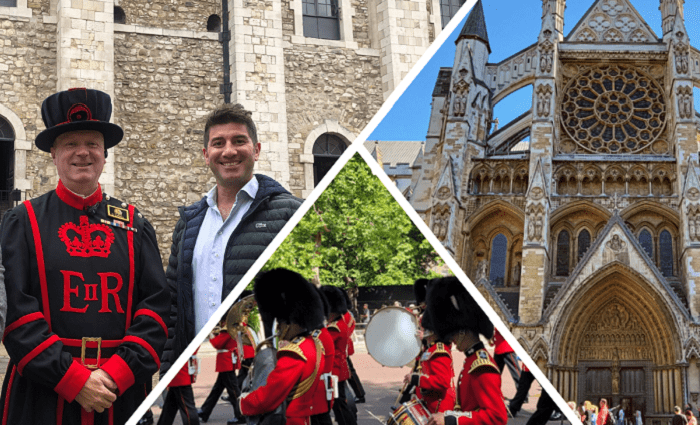 Collage of London tower, parade, and Westminster Abbey.