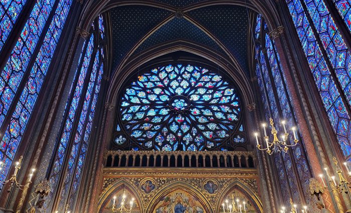 Interior view of Sainte-Chapelle's stunning stained glass windows.