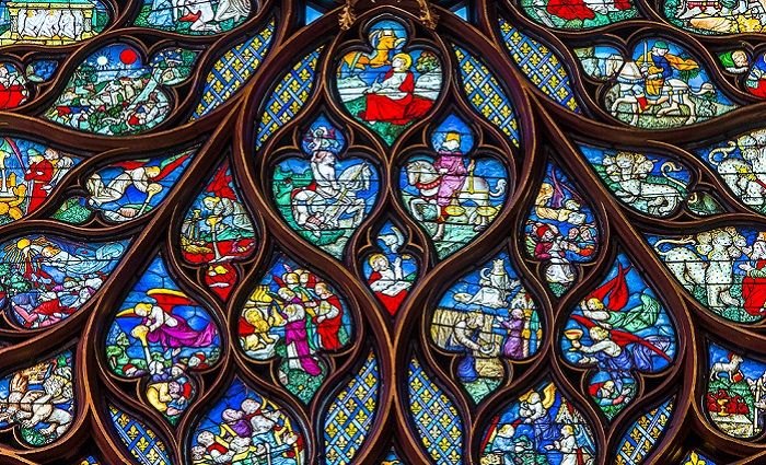 close up of the details of the stained glass windows in Sainte-Chapelle in Paris