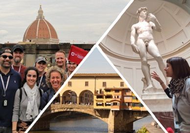 Collage of Florence Duomo, Statue of David, and Florence canal.
