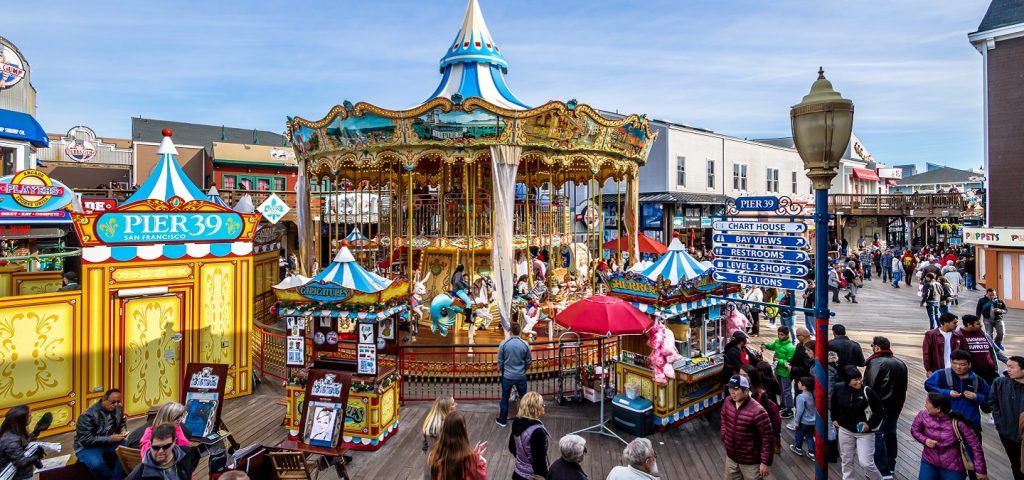 Large crowd at the carousel at the Fishermans wharf.