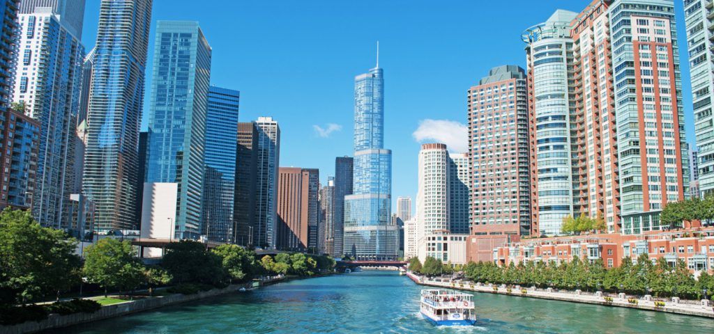 Chicago river with the skyline in the background.