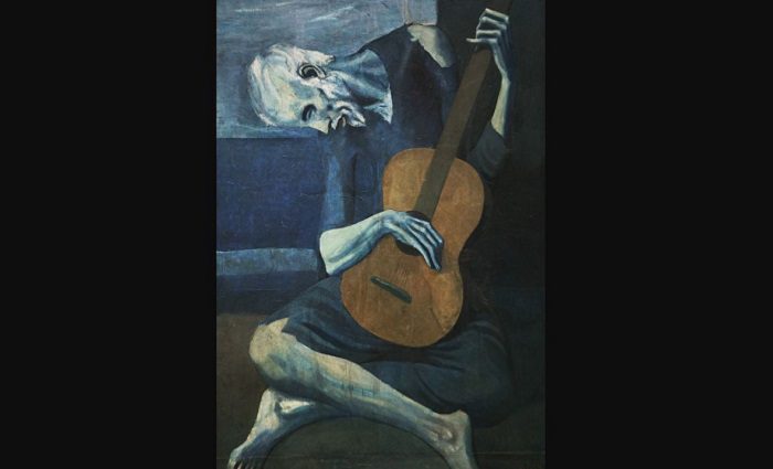 painting of frail old man with guitar