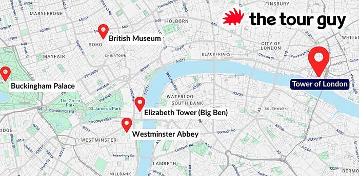Map of London with the Tower of London, Big Ben, Westminster Abbey, and more