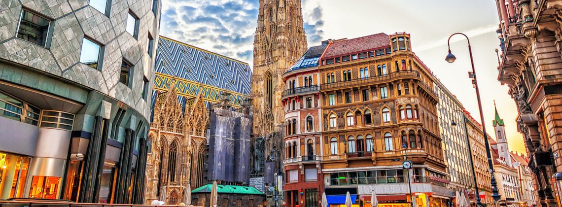 St. Stephens cathedral in the background with buildings in the foreground located in Vienna