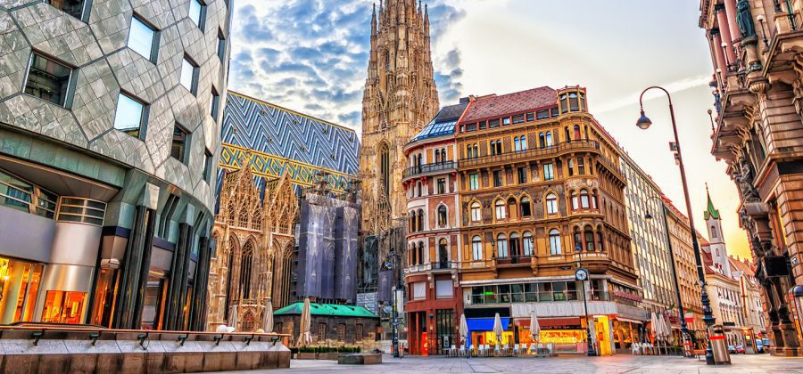 St. Stephens cathedral in the background with buildings in the foreground located in Vienna