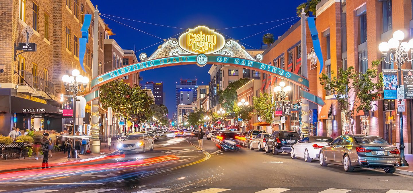 Vibrant colors of the San Diego's Historic Gaslamp Quarter sign hanging above the street