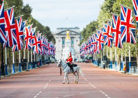 horse guard on Mall with british flags