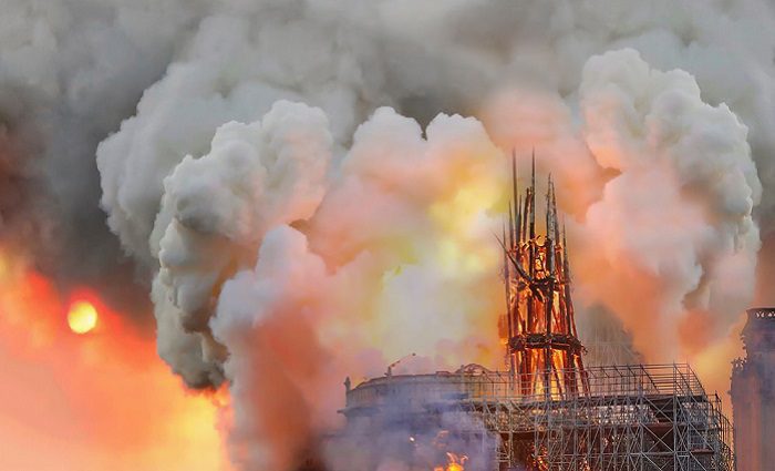 notre dame spire on fire