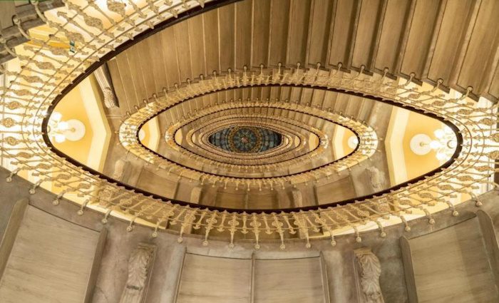 An image of the staircase at the hotel bristol from below.