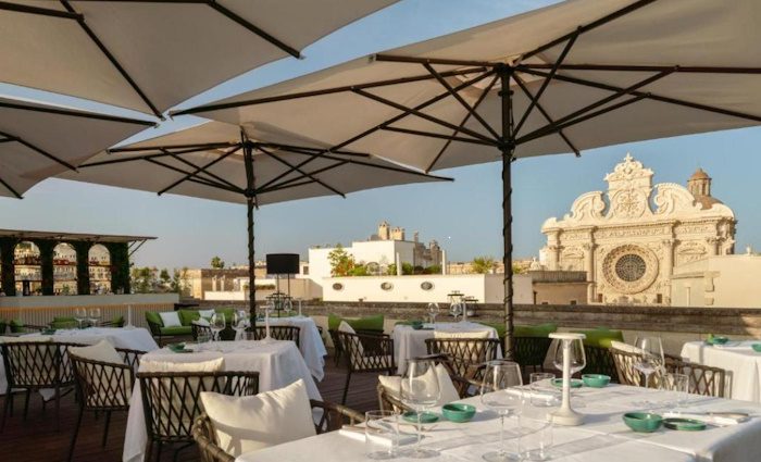 a view of the restaurant terrace overlooking the basilica