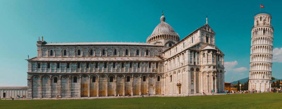 Blue skies over the Leaning Tower of Pisa and the Cathedral.