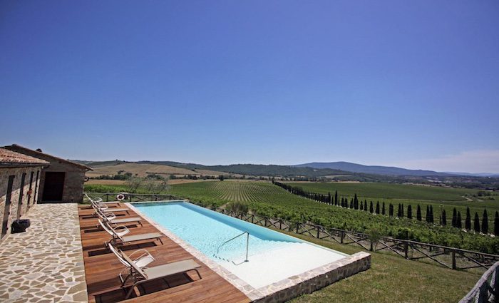 Pool, terrace and view from Agriturismo Casale dello Sparviero in Chianti, Tuscany, Italy 