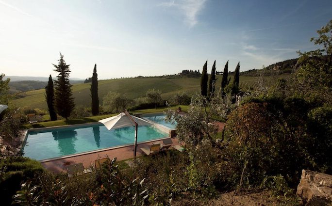 Pool and garden view of Fonte De' Medici in Val de Pesa, Chianti, Tuscany 