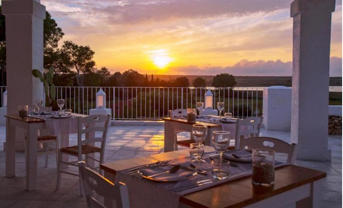 A view of the terraced restaurant at sunset