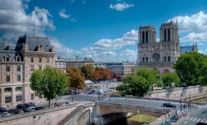 A view of notre dame from the terrace.