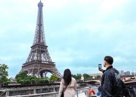 Two people taking photos of the Eiffel tower in paris