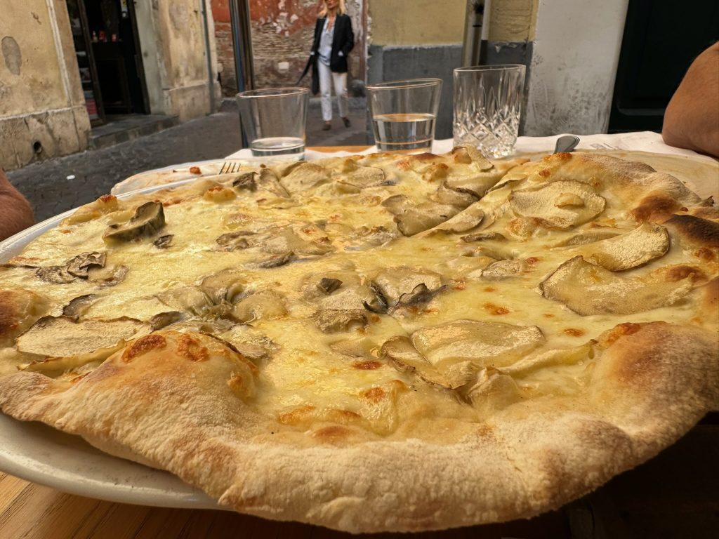 White pizza on a table. 