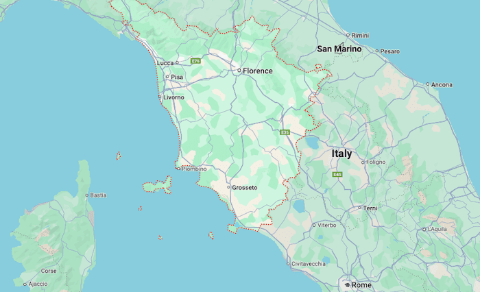 Map of Tuscany from Google