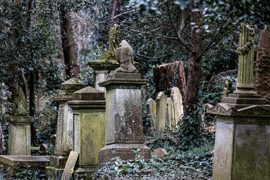 Old grave markers and sprawled across an overgrown field.