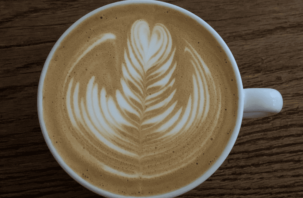 A latte with a white foam leaf pattern on top.