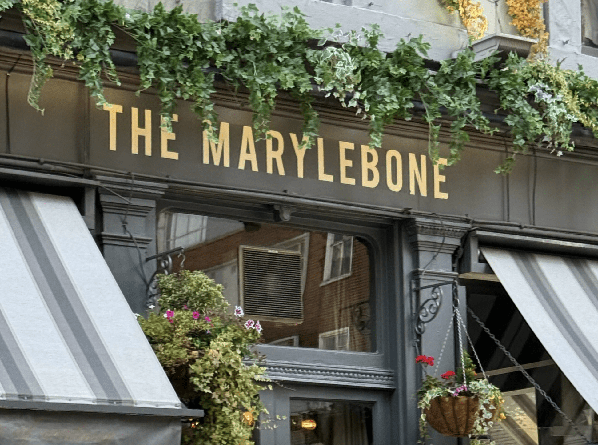 Black storefront with a yellow sign reading "The Marylebone"