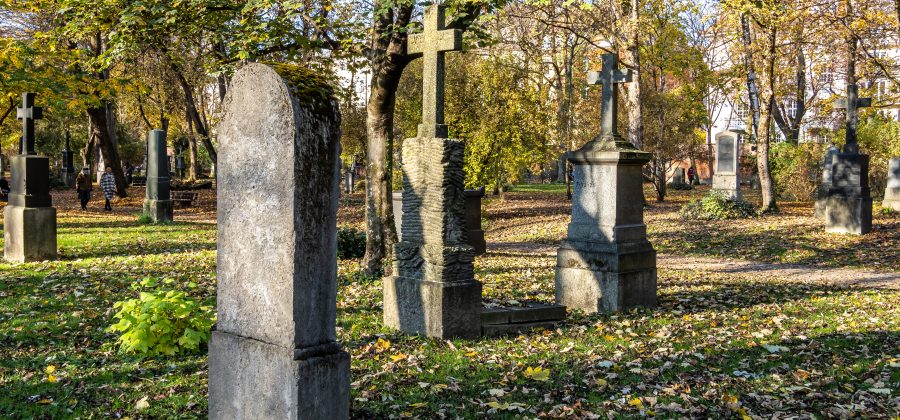 Gravestones topped with crosses in a cemetery