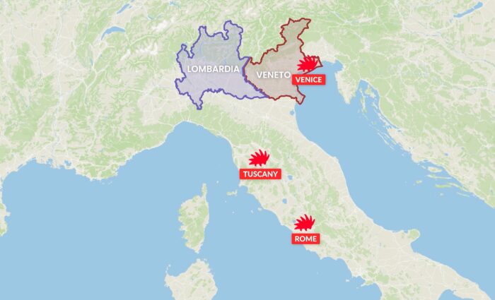 Map of Italy with Venice, Tuscany, and Rome