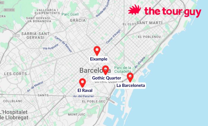 Map of The Best Areas to Stay in Barcelona
