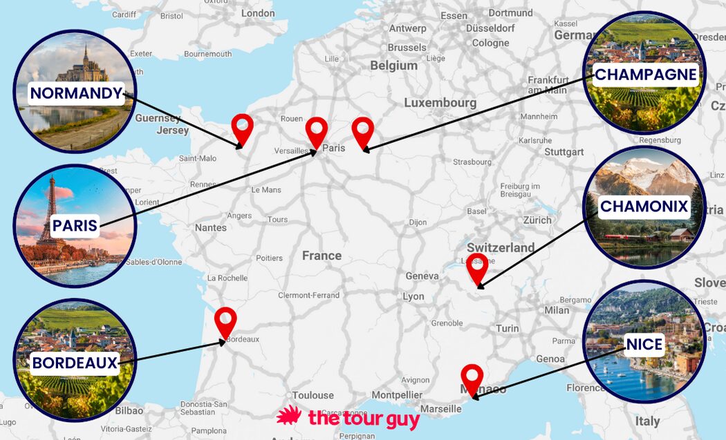 Map of France with top destinations