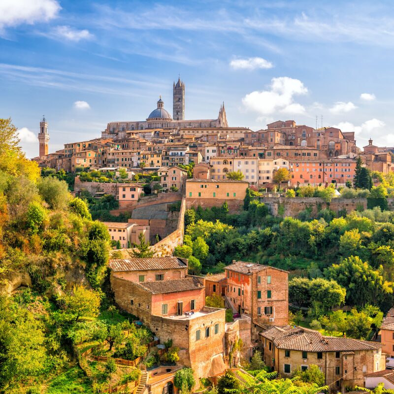 View of hilltop town Siena in Tuscany