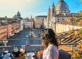 Where To Stay in Rome This Year : Best Neighborhoods and Hotels Overlooking-Piazza-navona-hotel-coffee-cafe-lunch-Rome