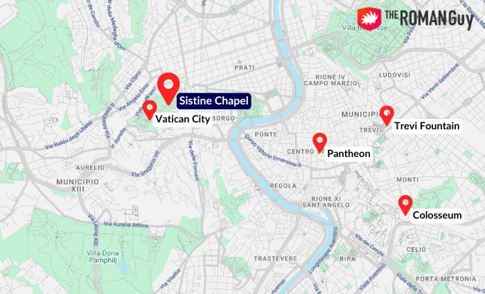 map of Rome with the Sistine Chapel