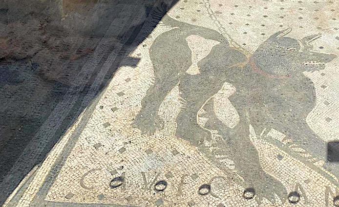 Floor mosaic of a guard dog at the entrance of the House of the Tragic Poet in the Pompeii Archaeological Park