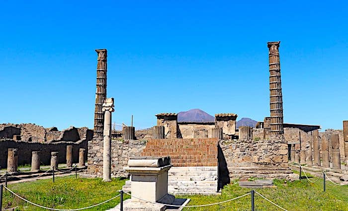 the remains of Pompeii's oldest temple, the temple of apollo, in the Pompeii Archaeological Park.