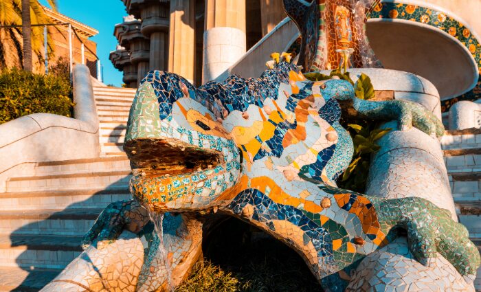 The mosaic salamander on the dragon staircase at Park Guell in Barcelona