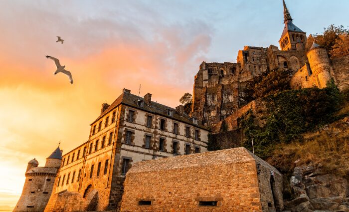 Outside the walls of Mont Saint-Michel in the quiet morning hours