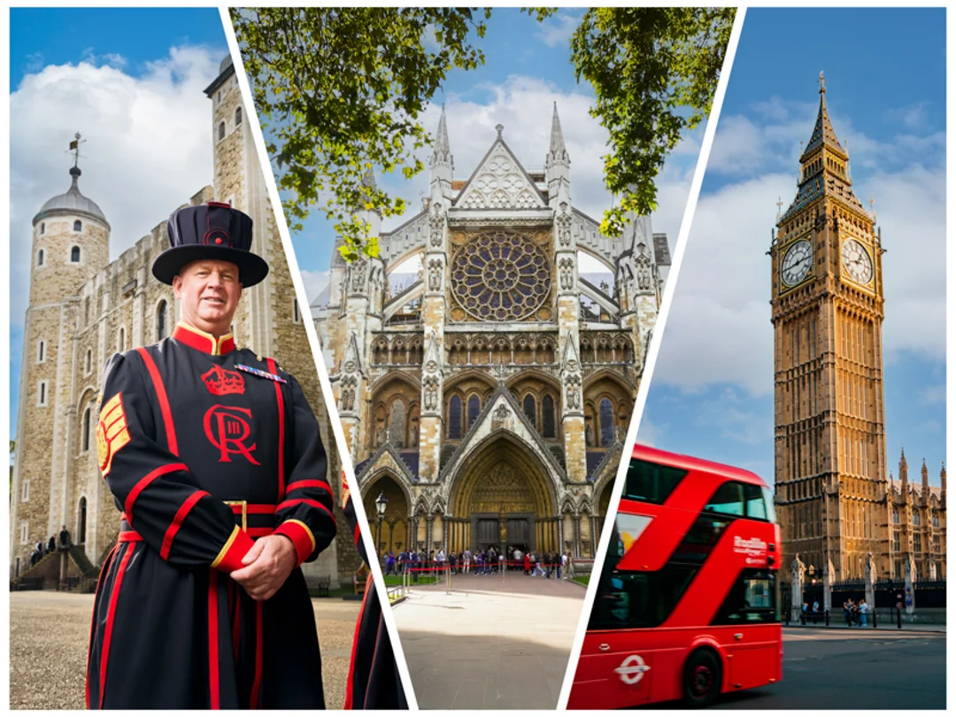 3 way photo showing a beefeater, westminster abbey and big ben